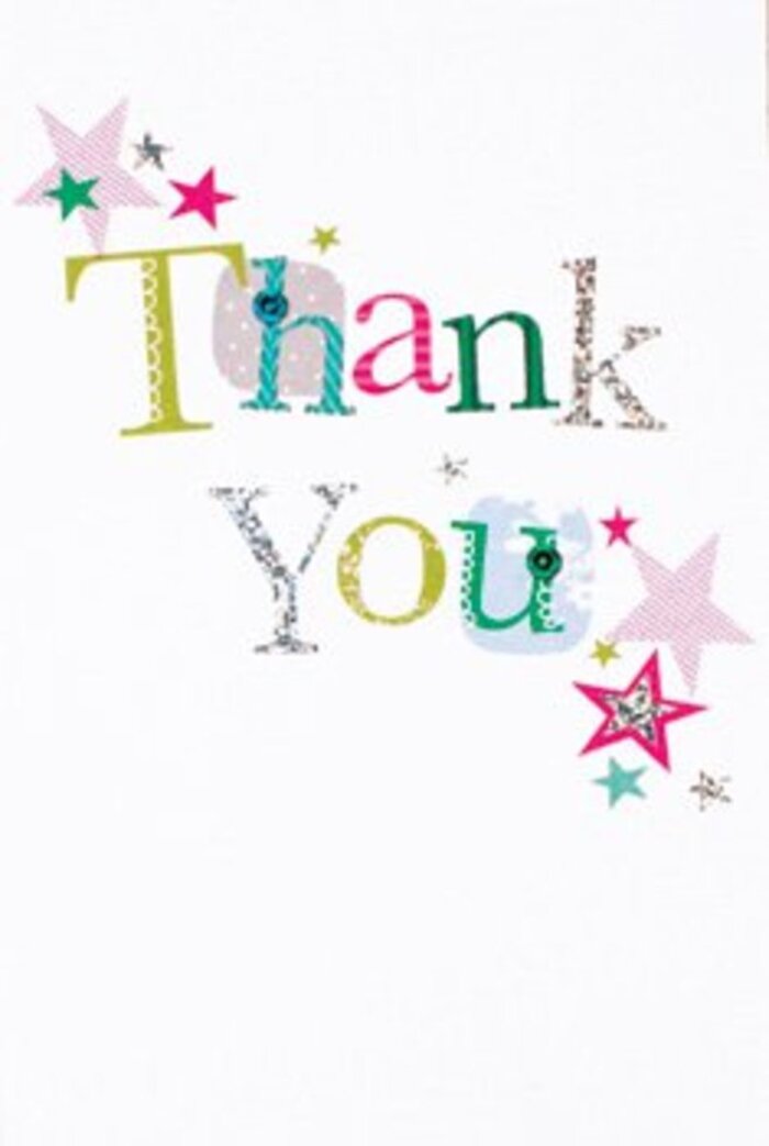 The thank you card's composition exudes a softly exuberant charm, the arrangement of 'Thank You' across the front achieving a kind of understated elegance. Each letter possesses a unique flair-some are dusted with playful spots or gently curled in whimsical forms, while others are drawn with graceful, elongated lines. Small, radiant stars cluster by the message, rendered in lively, sparkling colours-pink stripes, deep turquoise, silver-that glimmer like city lights reflecting along Limehouse Reach. The card's layout is modern, punctuated by a sense of airy openness, the clusters of stardust dancing over an unblemished white background. Its overall presence feels welcoming and warm, never overly formal or casual-making it ideal for both everyday appreciation and more formal gestures. As a florist in Limehouse, I imagine tucking this card beside a lush bouquet before delivering it to someone on Salmon Lane or around Stepney Green-a gesture as elevating as fresh blooms and as memorable as the gratitude between friends. This card's message shines as clearly as spring light, making every thank you uniquely beautiful in Limehouse.